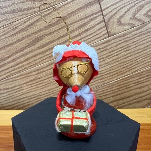 Vintage Christmas Ornament Wooden Mouse Mrs. Claus Handmade MCM - Picture 1 of 9